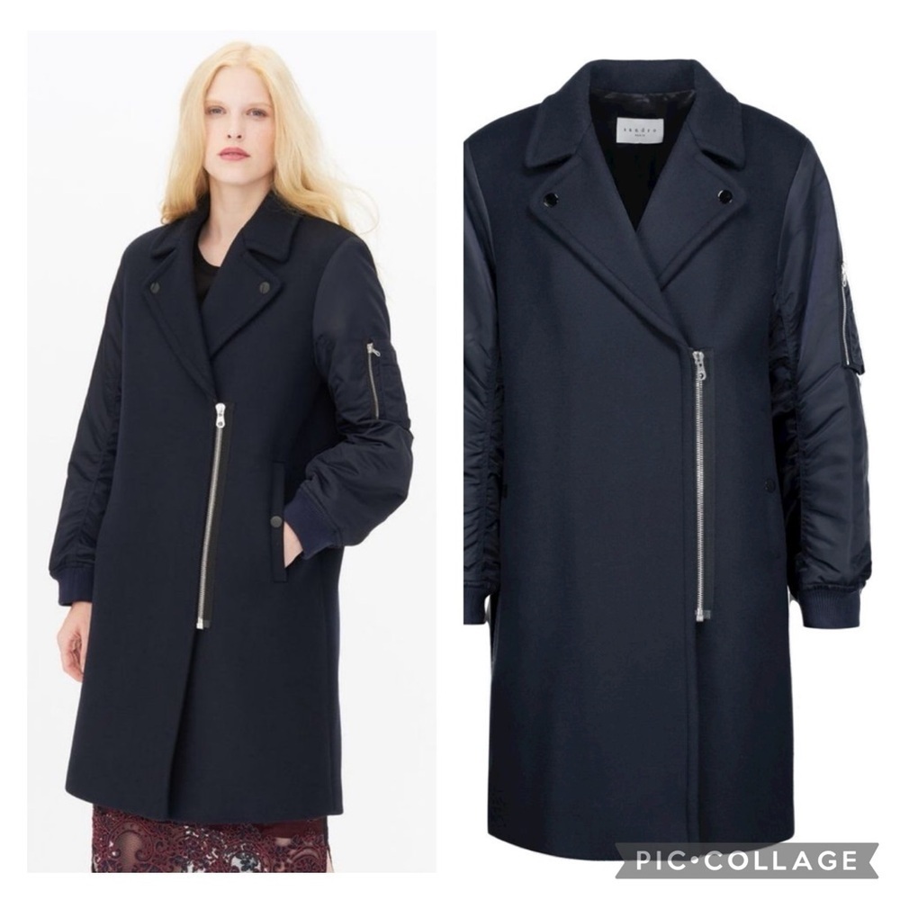Sandro‎ Gilmour Shell Paneled Wool Blend Coat Asymmetrical Zip Navy Blue 40
